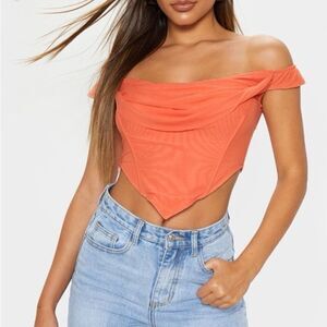 Prettylittlething Orange Pink Peach Corset Off The Shoulder Mesh Bardot Crop Top